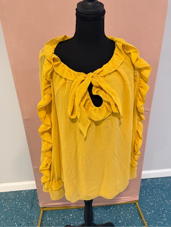 Max Studio Specialty Tops - Women's Mustard Ruffle Tie-Neck Blouse